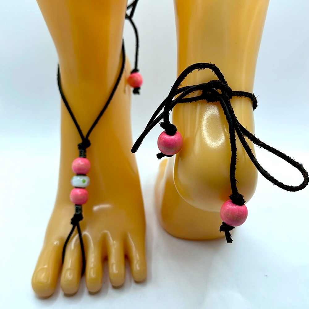 Beaded barefoot sandals with wood and floral glass beads
